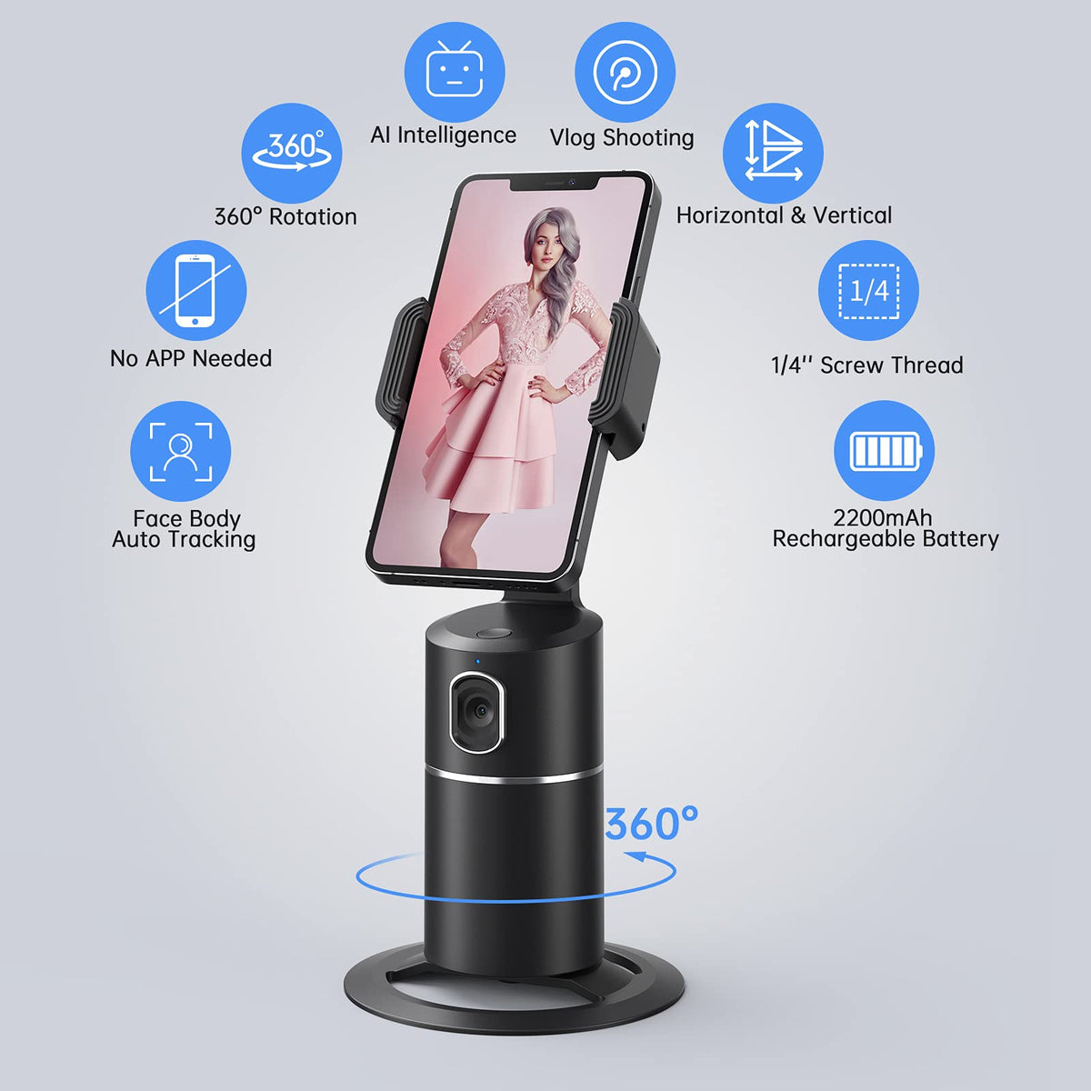 camrola Auto Face Tracking Phone Holder, No App Required, 360° Rotation Face Body Phone Tracking Tripod Smart Shooting Camera Mount for Live Vlog Streaming Video, Rechargeable Battery-Black