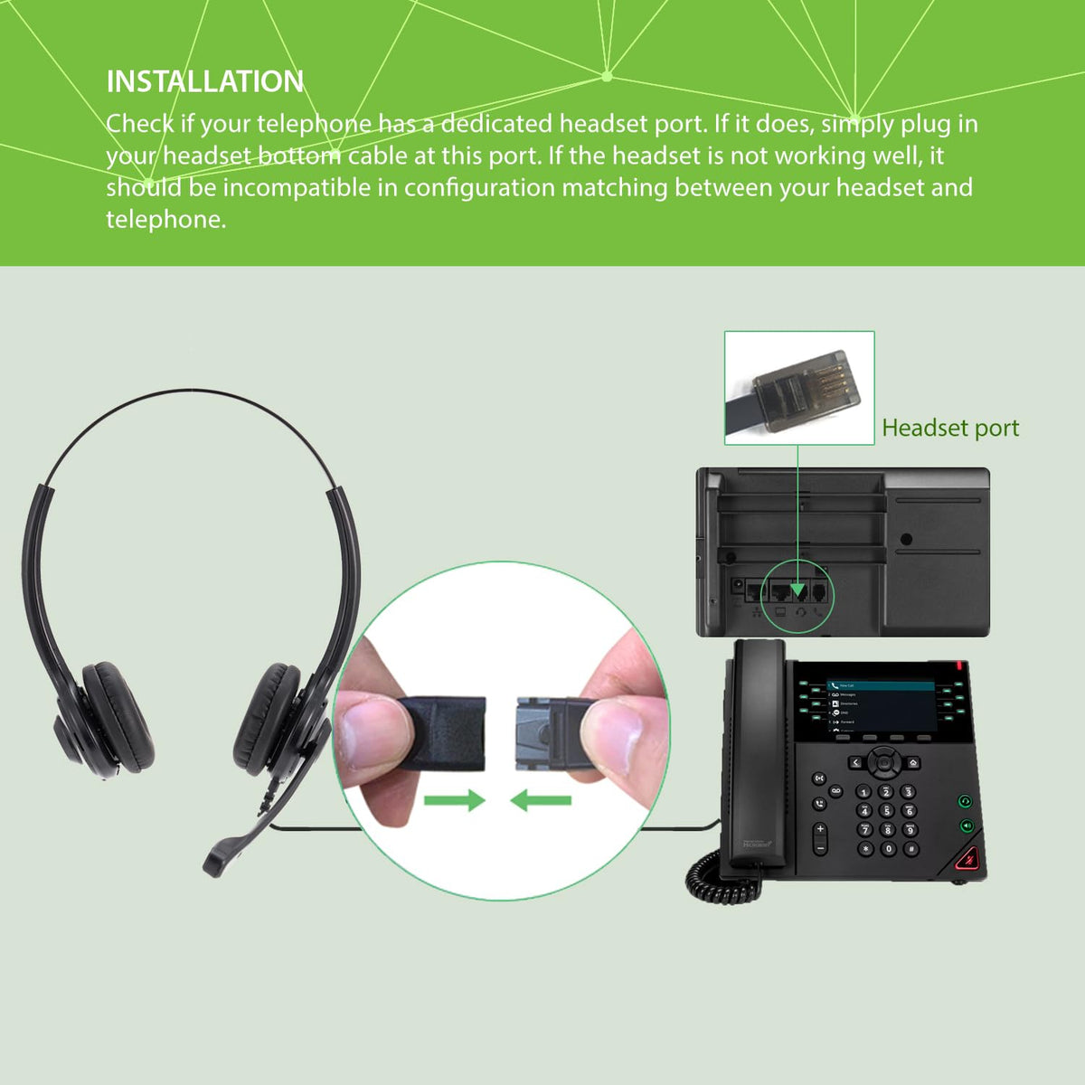 IPD Phone Headset for Office and Call Center Wired QD to RJ9 IPH-215 Binaural-Compatible with with Yealink SIP, Grandsteam, Sangoma, +Ooma and LG landline Phones