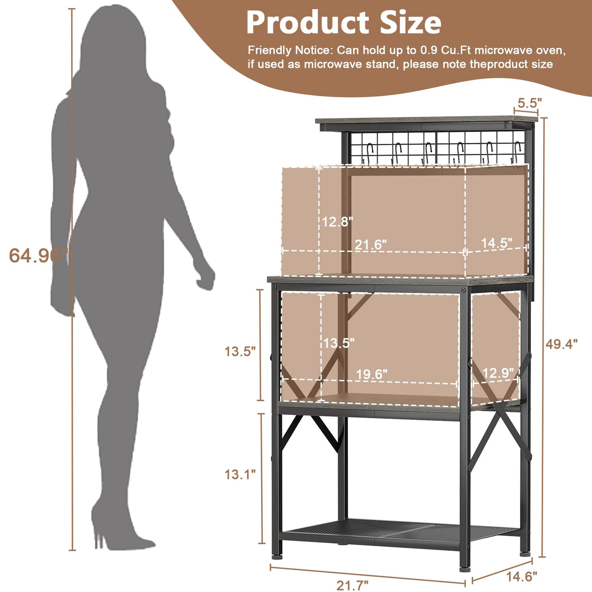 Furologee Kitchen Bakers Rack, Microwave Stand with Storage 4 Tiers, Coffee Bar Station with 6 S Hooks and Pegboard, Kitchen Shelves Rack for Spices, Pots, Black Oak