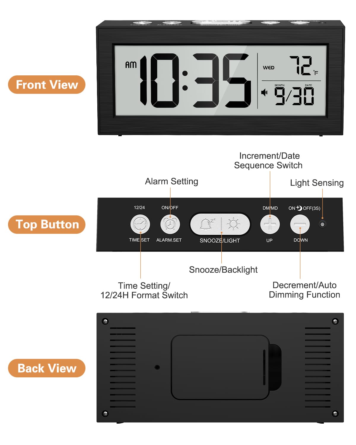 Bomivoi Battery Powered Digital Clock, LCD Digital Clock with Date & Temp Display, 5 Alarm Schedule, Snooze, 12/24 H, Auto Dimming, 5s Backlight, Small Alarm Clocks for Bedroom, Office, Travel
