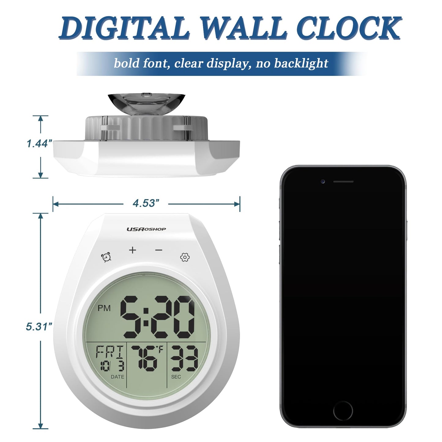 USAOSHOP Shower Clock Waterproof Bathroom Timer, Digital Wall Clock Kitchen Clock with Countdown, Touch Screen, Temperature, Calendar, Suction Cup Hanging Hole, for Spa Cook Bath
