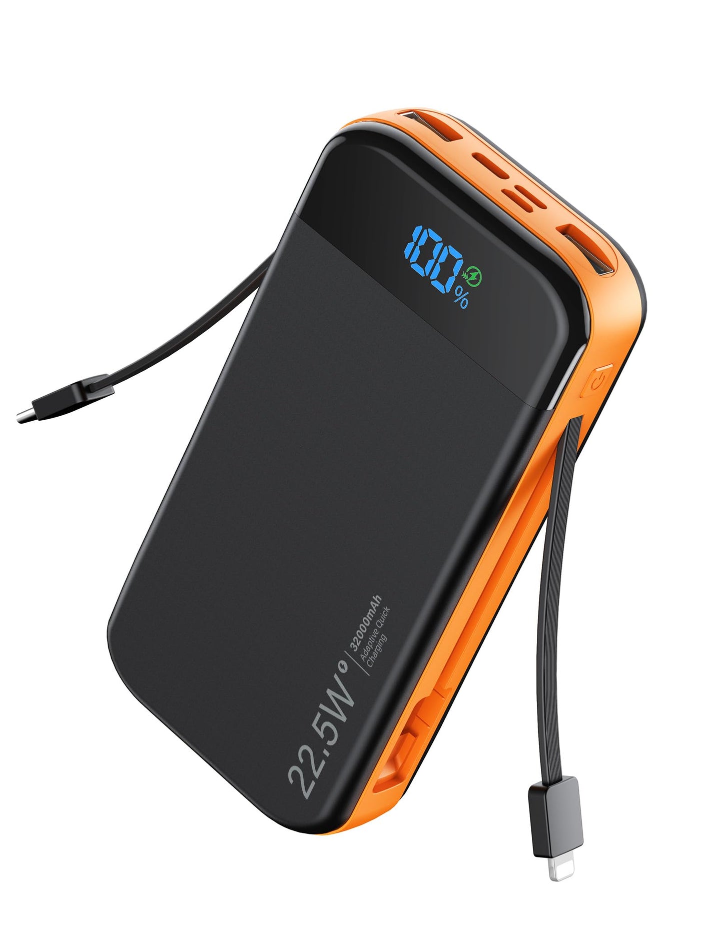 LENGSUM Portable Charger Power Bank Built-in Cables, 32000mAh 22.5W USB C Fast Charging, 5 Outputs 3 Inputs Travel Essentials Battery Pack Compatible with iPhone, iPad, Samsung, Google Pixel, Orange