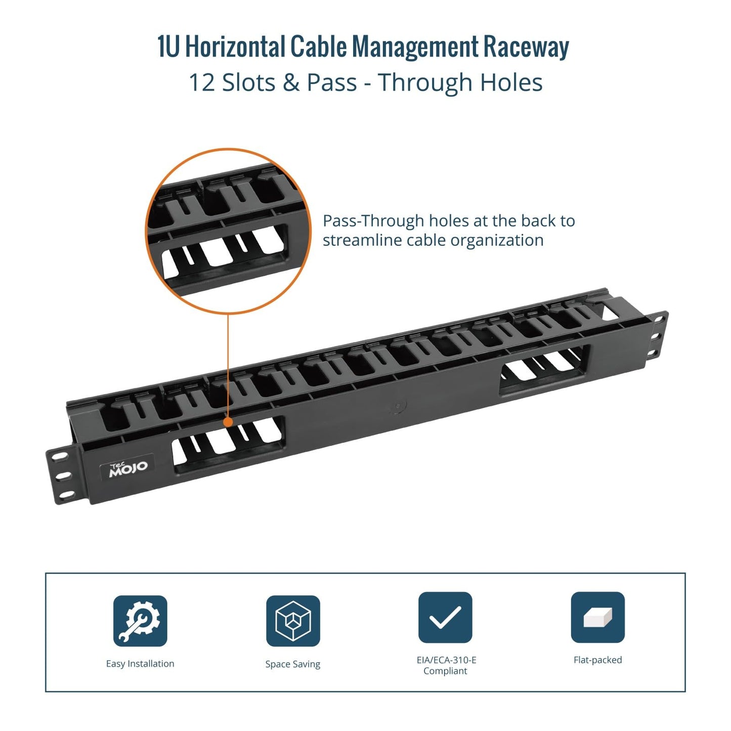 Tecmojo 2 Pack 1U Server Rack Horizontal Cable Management with Cover,2.6“ Depth Plastic Cable Manager,Rack Mount 12 Slots Wire Duct Organizer,for 19 inch AV/IT/Data/Audio and Network Cabinet