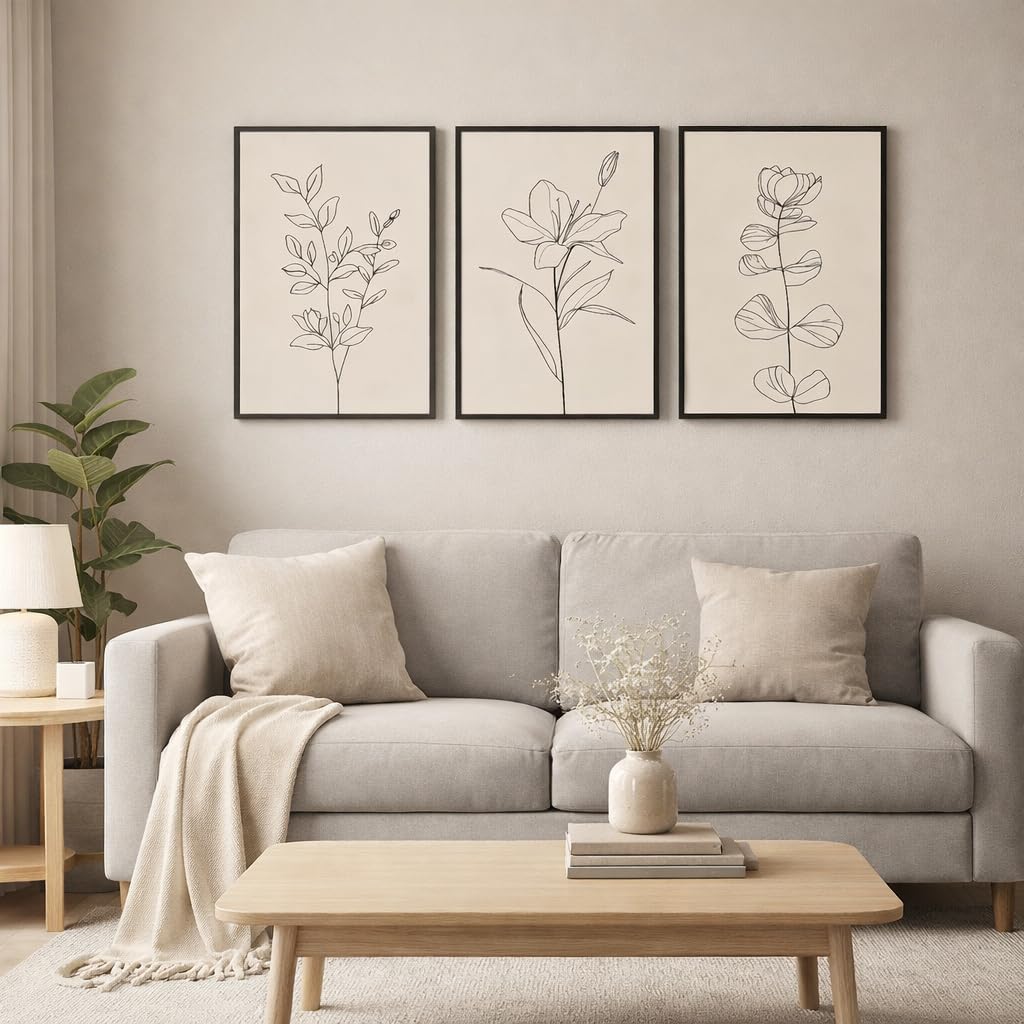 CHTEXA Minimalist Botanical Wall Art Set Of 3 Framed Canvas Prints Neutral Beige Plant Line Art Decor For Living Room Bedroom Bathroom Office 12x16 Inch
