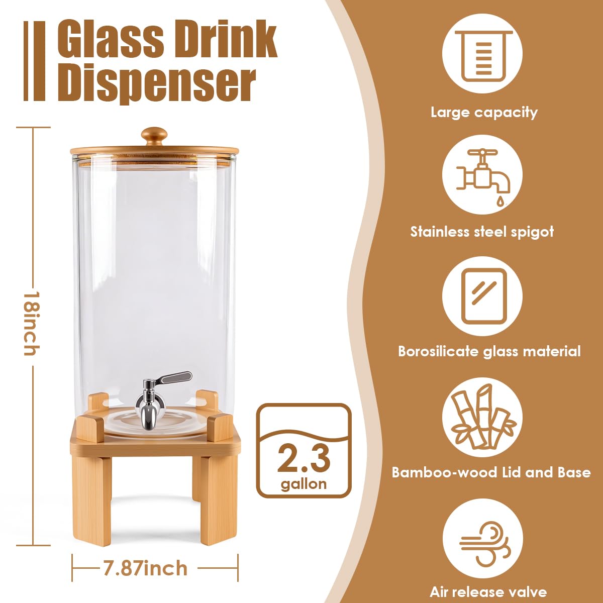 2.3 Gallon Large Glass Drink Dispenser for Parties, Glass Beverage Dispenser with Wood Stand, Juice & Lemonade Dispenser, Iced Beverage Dispenser with Spigot, Water Dispenser for Party with lid