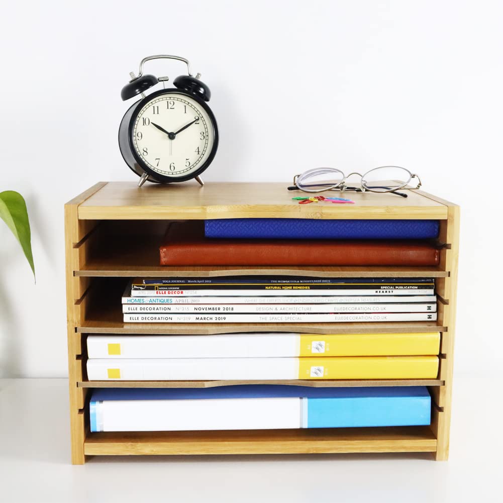 WKWKER File Organizer with 3 Adjustable Shelves Bamboo Document Letter Tray Paper File Sorter for Desktop Office Home Study Workstation Desk Storage Rack (Natural)