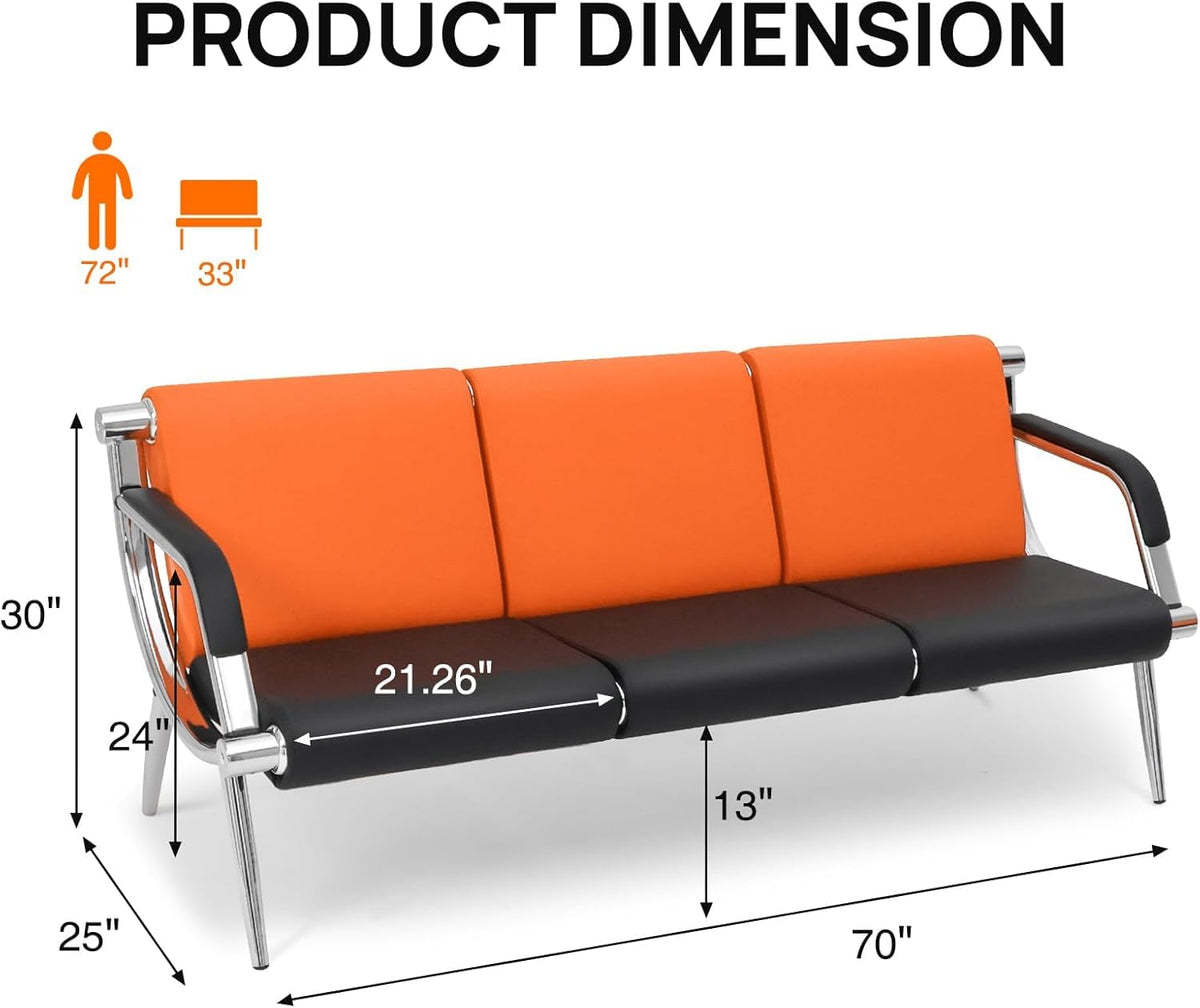 wonline 3 Seat Waiting Room Chair with Armrest PU Leather Office Furniture, Office Guest Seating Lobby Conference Reception Chairs for Airport Clinic Hospital Bank Salon Barber(Orange&Black)