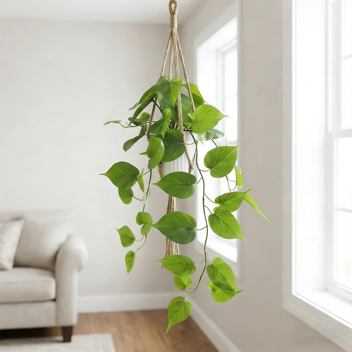 WucaFl Fake Pothos Hanging Plant – Artificial Plastic Ivy Vines with White Pot, Realistic Faux Greenery for Indoor Home Office Bathroom Shelf Cabinet Decoration