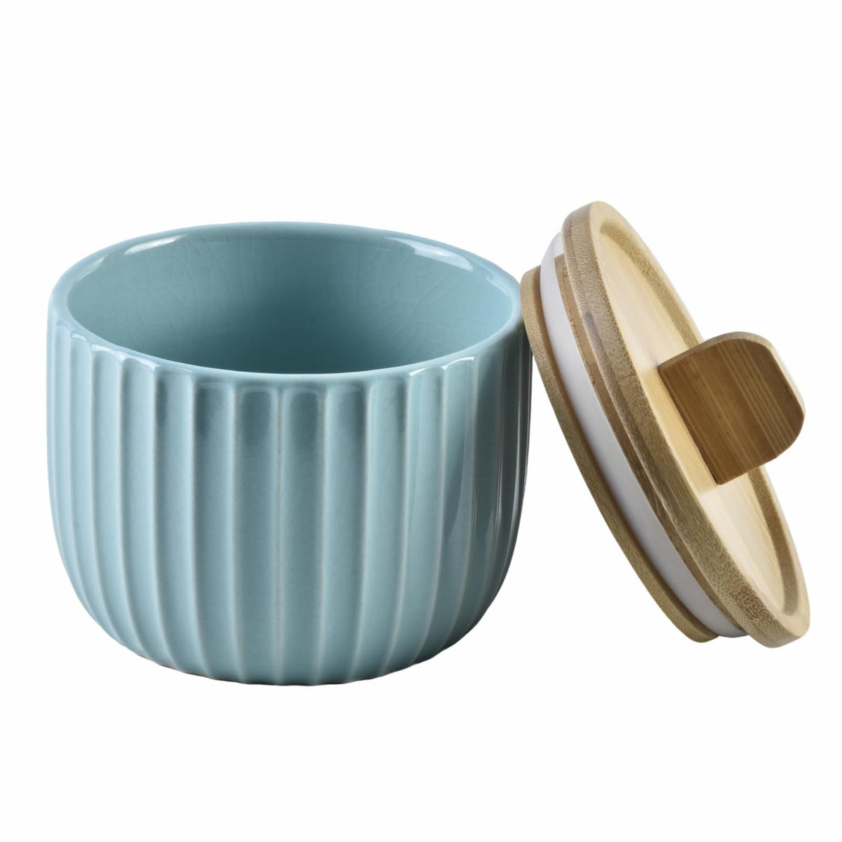 Lunavita Salt Cellar Keeper with Bamboo Lid, 14oz Big Capacity Ceramic Sugar Bowls Pepper Box, Crackle Glaze Seasoning Container Condiment Pot for Kitchen (Cyan Color)