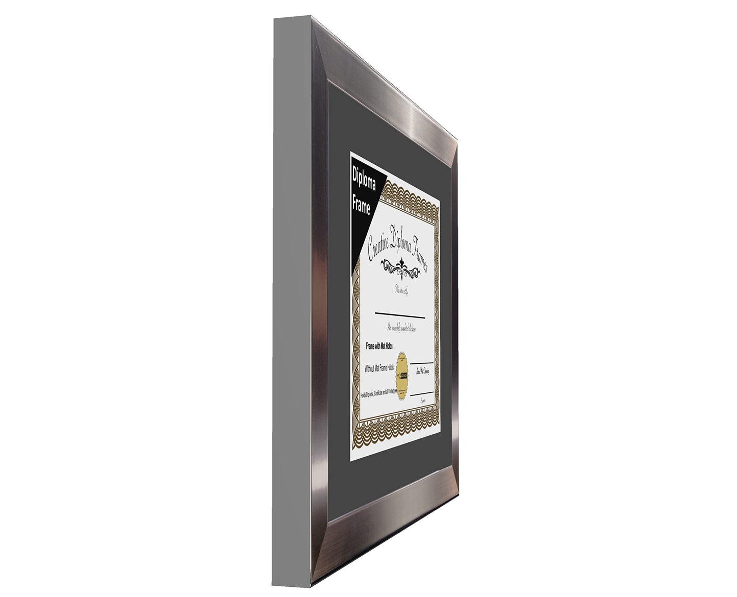 Creative Picture Frames 11” x 14” Stainless Steel Finish Diploma Frame with Black Mat to Hold 8.5 by 11-inch Graduation Documents w/Stand and Wall Hanger