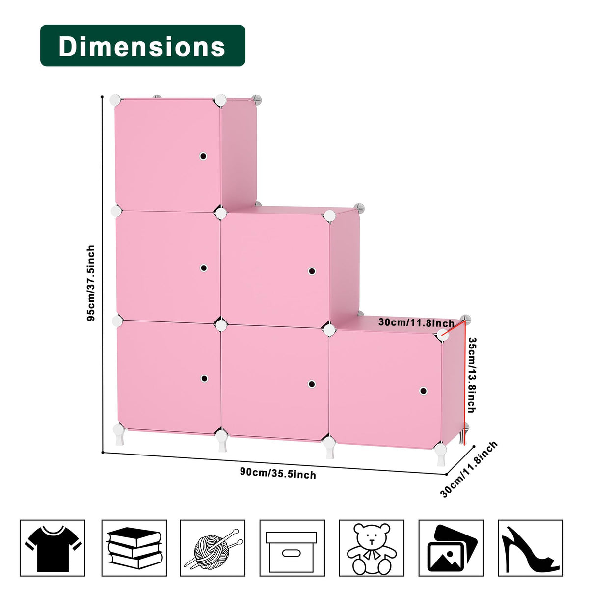 ATTDETJL Cube Storage Organizer, 6-Cube Shelves Unit with Doors, DIY Stackable Plastic Clothes Organizer for Bedroom and Under Stairs Storage Unit, Each Compartment 30 x 30 x 30 cm Pink ATTSL6006