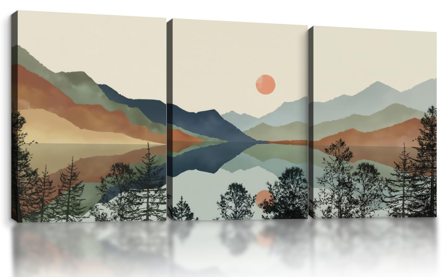 Framed Boho Mountain Landscape Wall Art Set of 3-Canvas Prints, with Sunset and Lake Pictures posters Modern Minimalist painting Living Room, Bedroom, Office Ready to Hang 16x24Inch