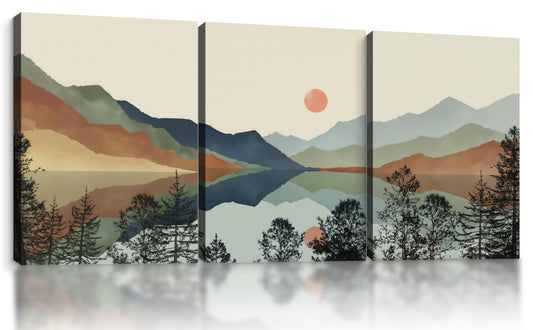 Framed Boho Mountain Landscape Wall Art Set of 3-Canvas Prints, with Sunset and Lake Pictures posters Modern Minimalist painting Living Room, Bedroom, Office Ready to Hang 16x24Inch