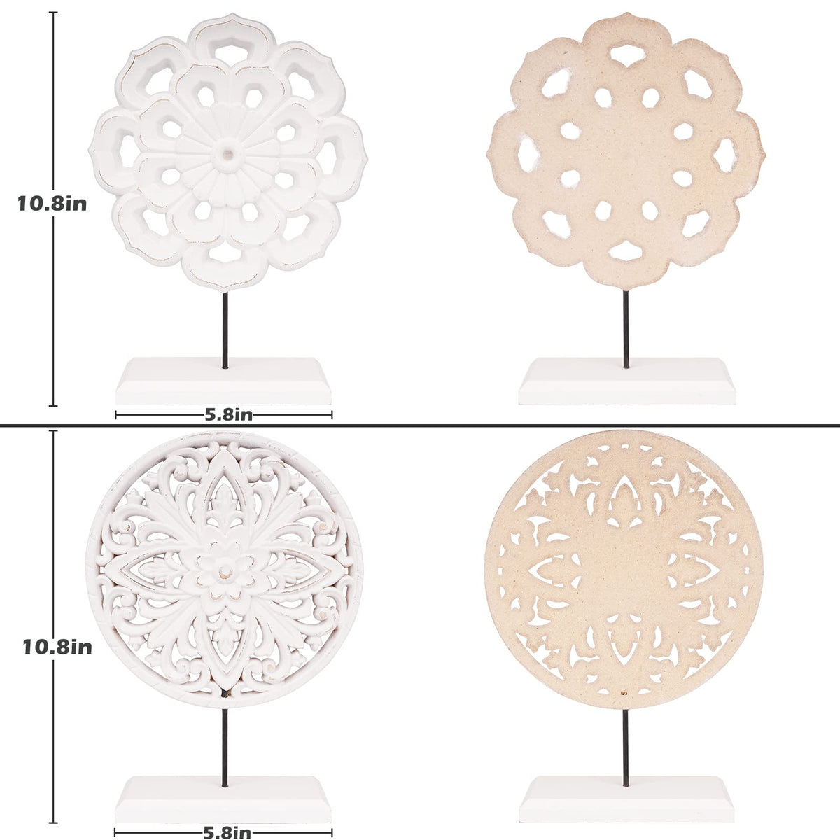 AXEARTE 2 Pack Wooden Carved Cutout Flower Medallion Sculpture, Rustic Distressed White MDF Statues Home Tabletop Decor, Decorative Ornaments for Living Room, Bedroom, Office Desktop, Cabinets