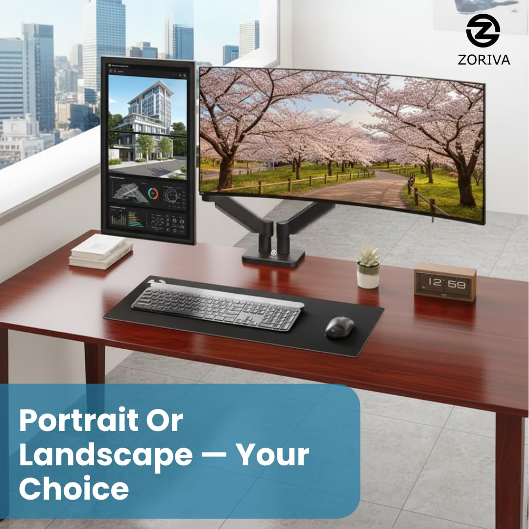 ZORIVA Dual Monitor Arm Full Motion Gas Spring Desk Mount for 13-34" Screens, Space-Saving VESA Stand for Gaming, Work, and Productivity
