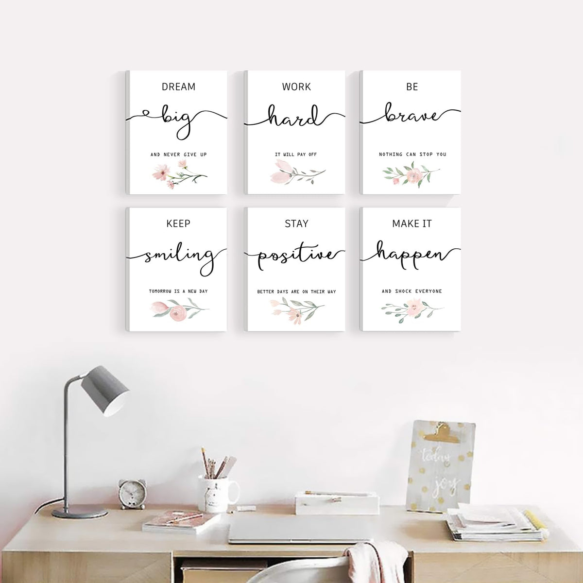 Inspirational Wall Art for Bedroom, Motivational Office Wall Art Decor, Framed Canvas Wall Art for Women, Girls, Positive Affirmations Quotes Prints, Set of 6PCS, 8"x10", FRAMED