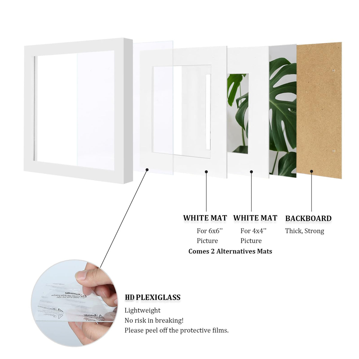Egofine 8x8 Picture Frames 4 PCS - Made of Solid Wood Covered by Plexiglass for Table Top Display and Wall Mounting Photo Frame for Pictures 4x4/6x6 with Mat White