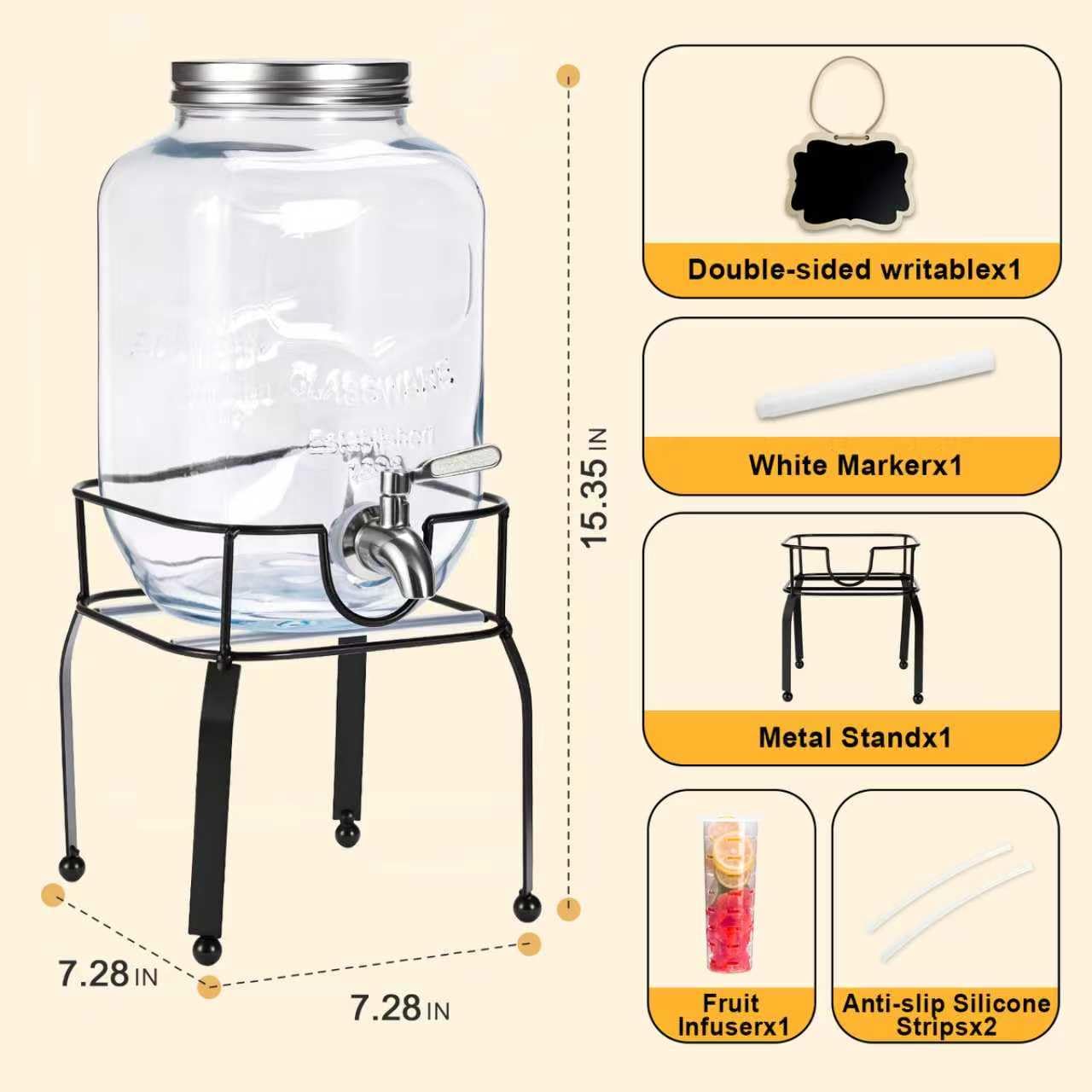 RuileMei 1 Gallon Glass Drink Dispensers For Parties,Beverage Dispenser with Stand,304 Stainless Steel Spigot Leakproof,Lemonade Dispenser for Sun Tea, Homemade Juice