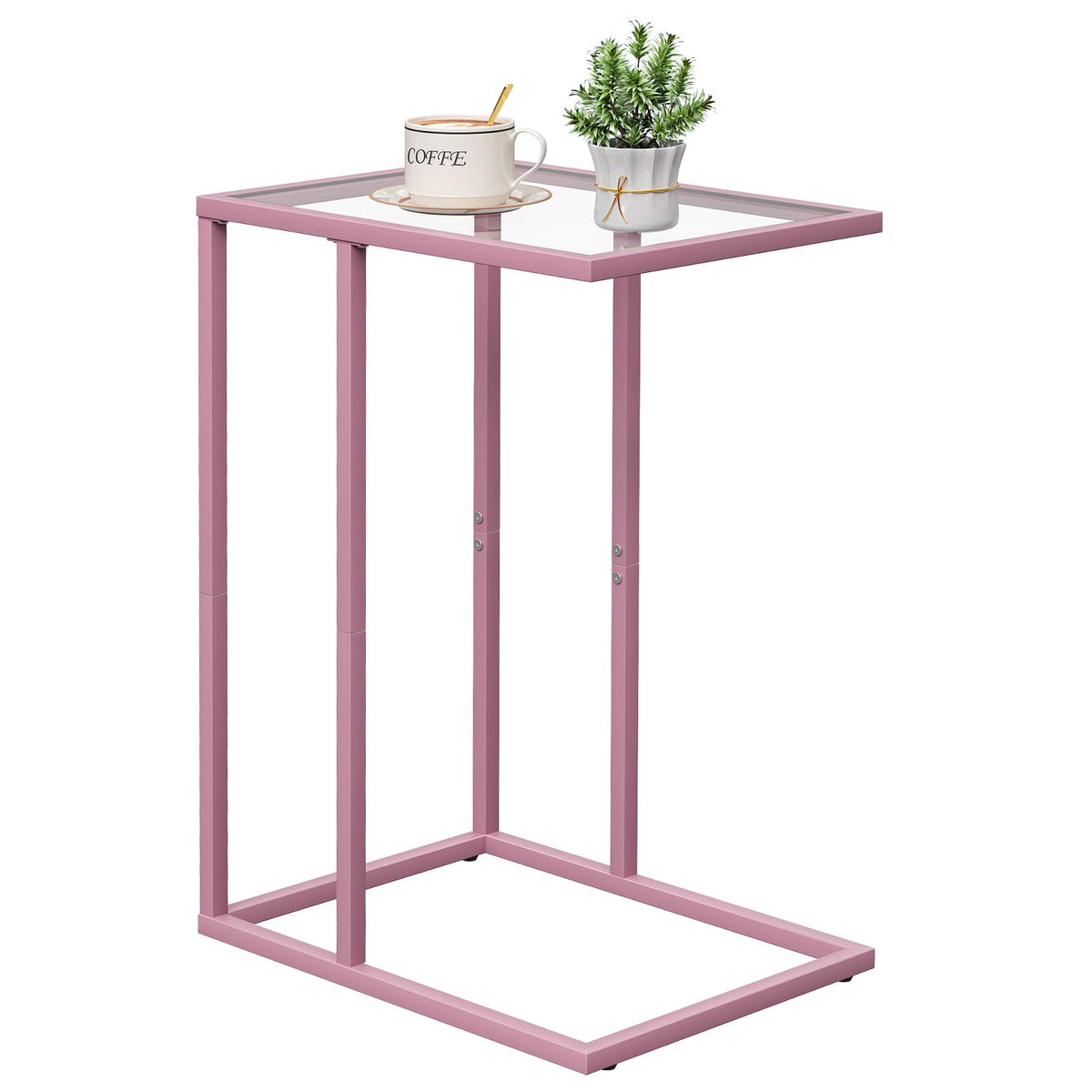 C Shaped End Table, Side End Tables for Living Room,Glass Sofa Couch Table with Metal Frame, Small Tv Tray Snack Dinner Table for Bedroom, Small Spaces, Easy Assembly (Pink)