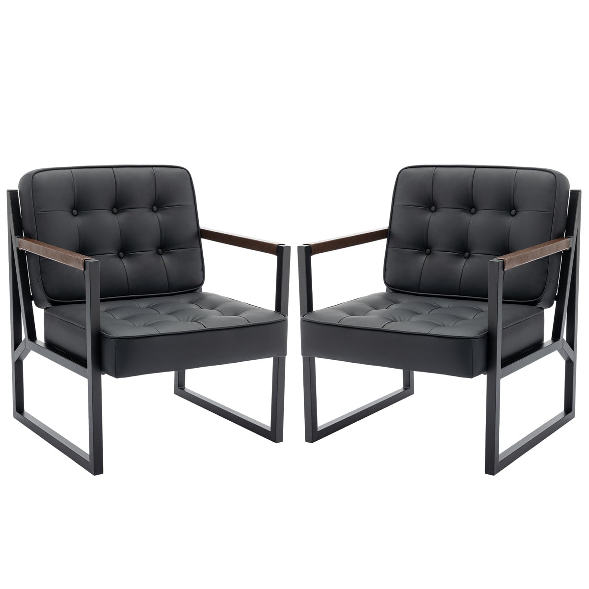 COLAMY Mid Century Modern Accent Chair Set of 2, Comfy Living Room Chair, Black Leather Accent Chair, Faux Leather Reception Armchair with Metal Legs for Living Room Bedroom Reception Office, Black