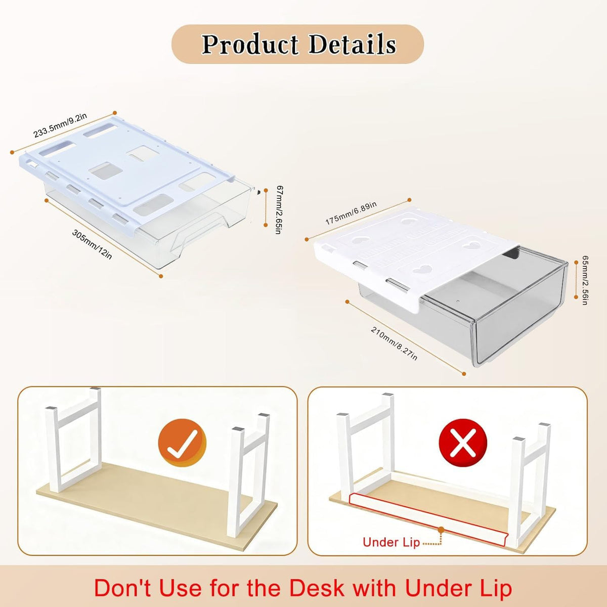 2 Pair Super Capacity 11.85 "x 8.9" Under Desk Drawer Hidden Strorage Drawer Self-Adhesive Slide Out with Smooth Gliding Motion - Attachable & Space-Saving Under Desk Organizer with Screw Kit, Clear