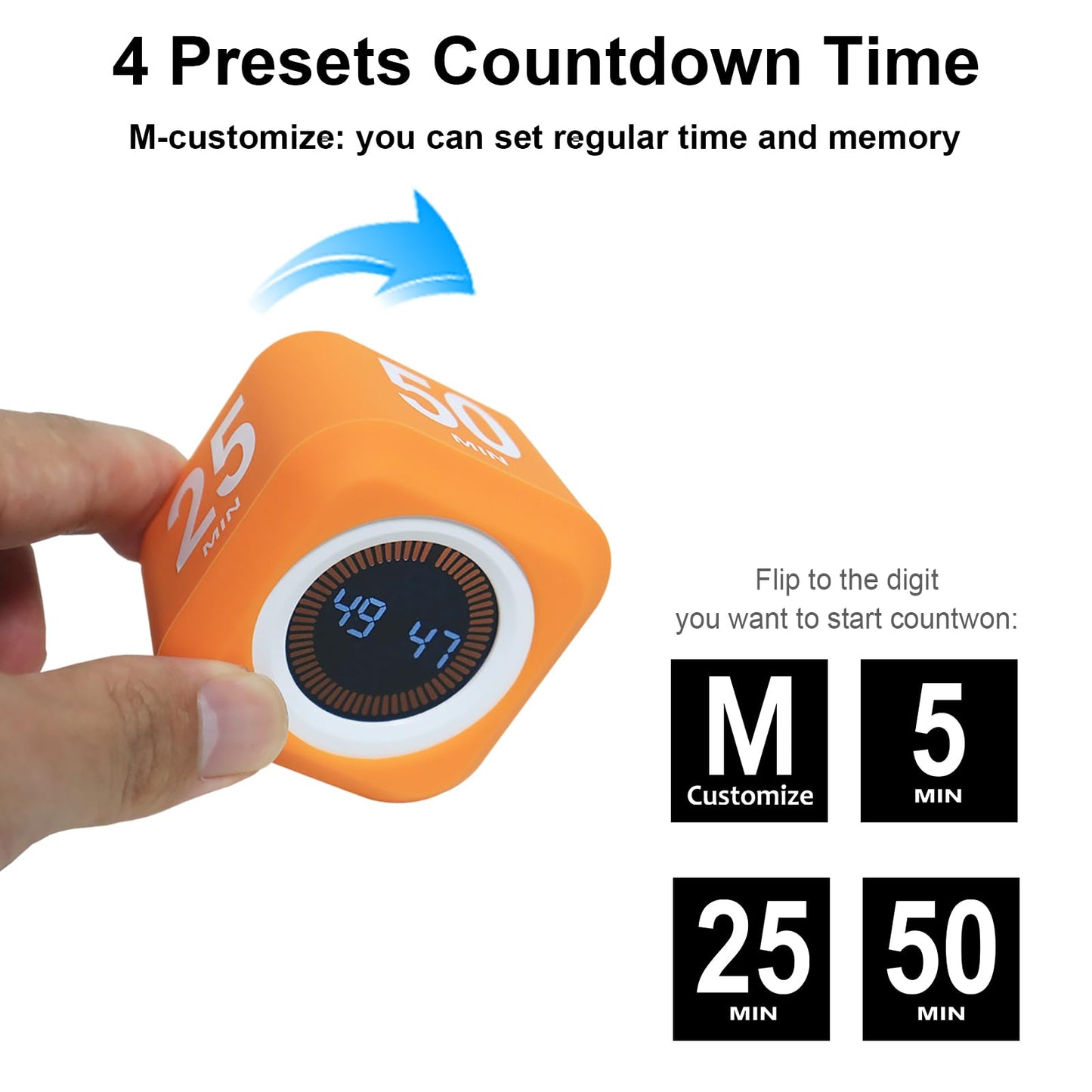 FCXJTU Rotating Cube Pomodoro Visual Timer 5, 25, 10 50 Minutes Preset, Rechargeable Desk Productivity Flip Custom Countdown Timer w/Silicone Cover, Silent Mode for ADHD Study, Work, School(Orange)