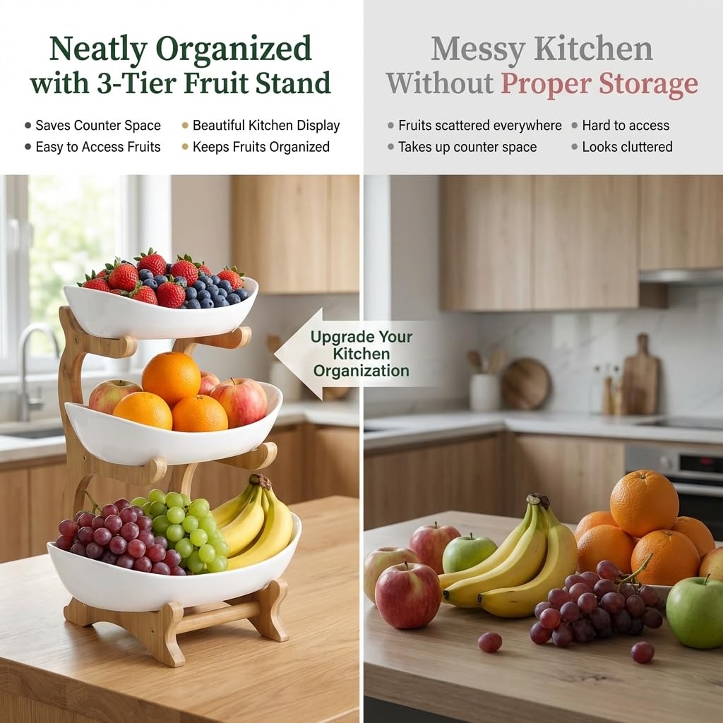3-tier Porcelain Fruit Bowl With Bamboo Stand – Tiered Serving Tray For Fruits, Snacks & Desserts | Elegant Kitchen Counter Decor & Organizers 3-tier Porcelain Serving Bowls Stand – Elegant White