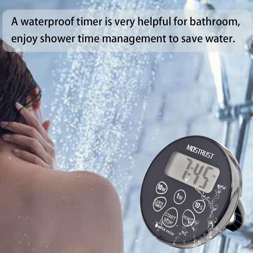 MOSTRUST Digital Waterproof Shower Clock Timer, Bathroom Kitchen Countdown Cooking Timer with Alarm, Magnetic Back, Stand Dark Black