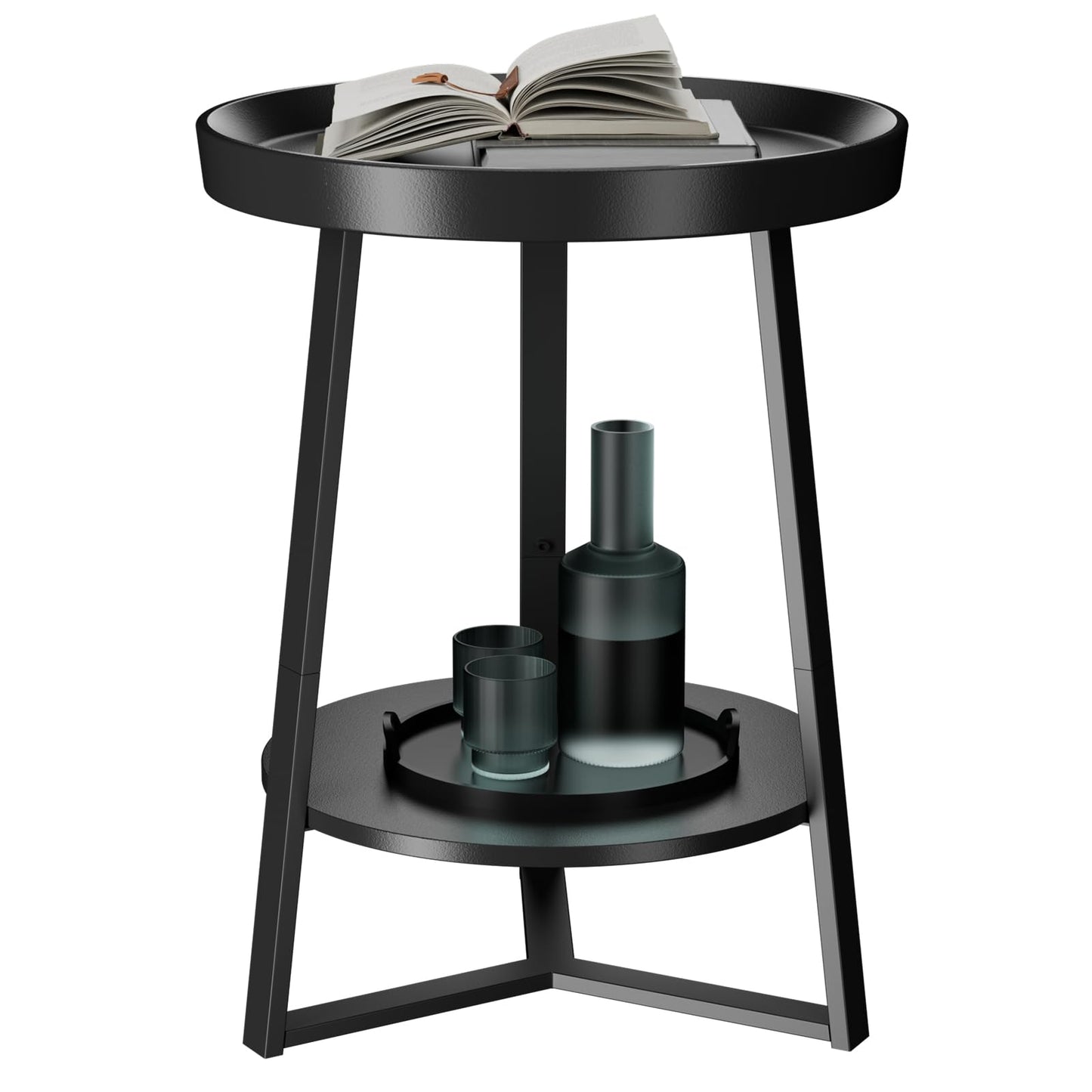 Gadroad Round End Table with Storage Shelf, 2 Tier Farmhouse Side Table Nightstand for Living Room, Bedroom, Wood Tabletop & Black Metal Frame, Black 15.7 * 15.7 * 23.0inches