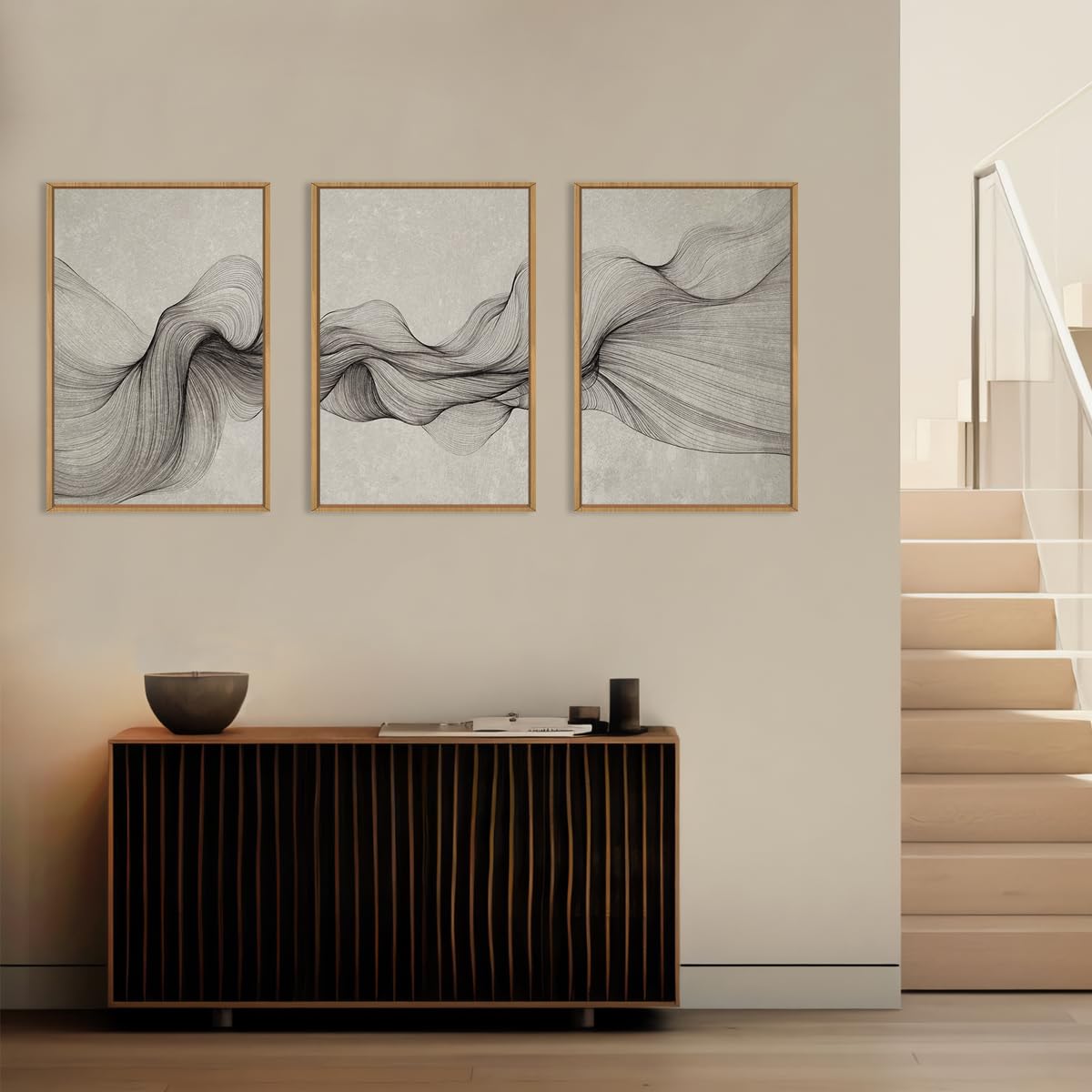 Aurlan Large Black Beige Neutral Abstract Framed Canvas Wall Art Set, Modern Black Wave Lines Wall Decor,Minimalist Smoke Ink Shapes Artwork for Living Room,Bedroom,Office-24 x36 x3