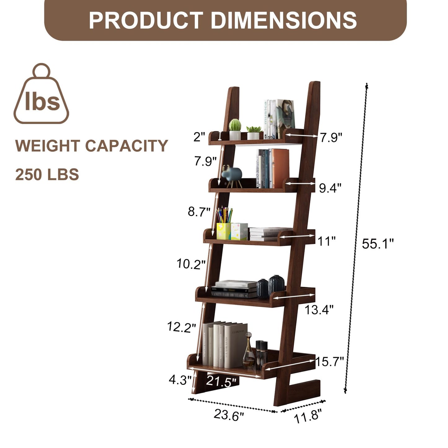BFECGDXT Ladder Shelf Bookcase, 5 Tier Walnut Wooden Ladder Bookshelf, Space-Saving Freestanding Storage Rack for Living Room, Home Office and Bedroom, 55.1" H