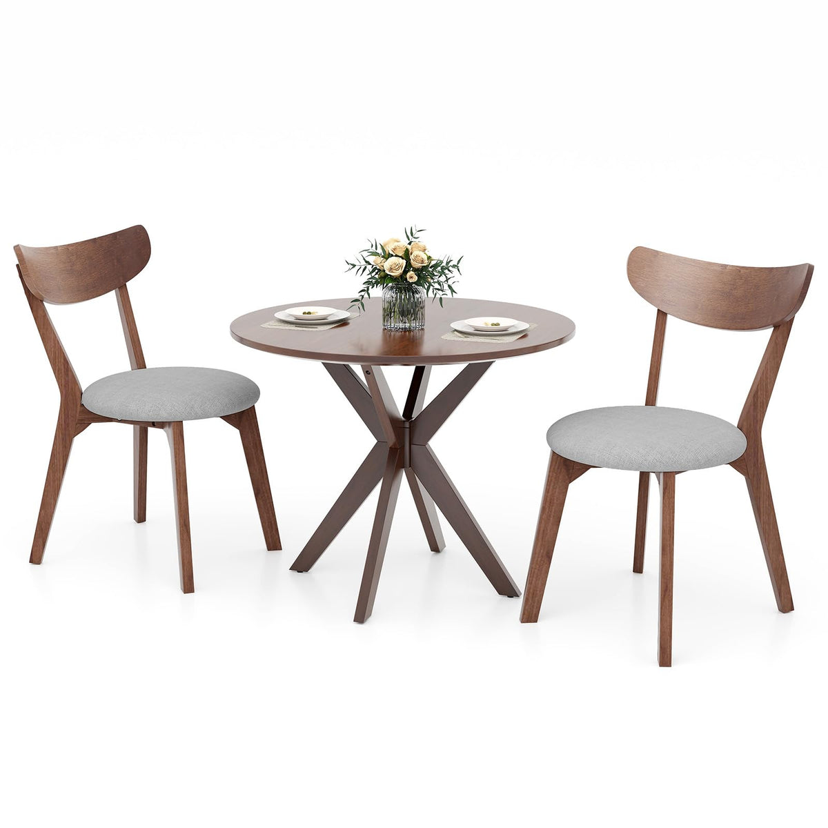 NAFORT Round Dining Table Set for 2, Mid-Century Modern Bistro Table and Chairs, Wood Kitchen Table w/Cushioned Chairs, Compact 3 Piece Dinette Set for Office, Small Spaces, Kitchen, Breakfast Nook