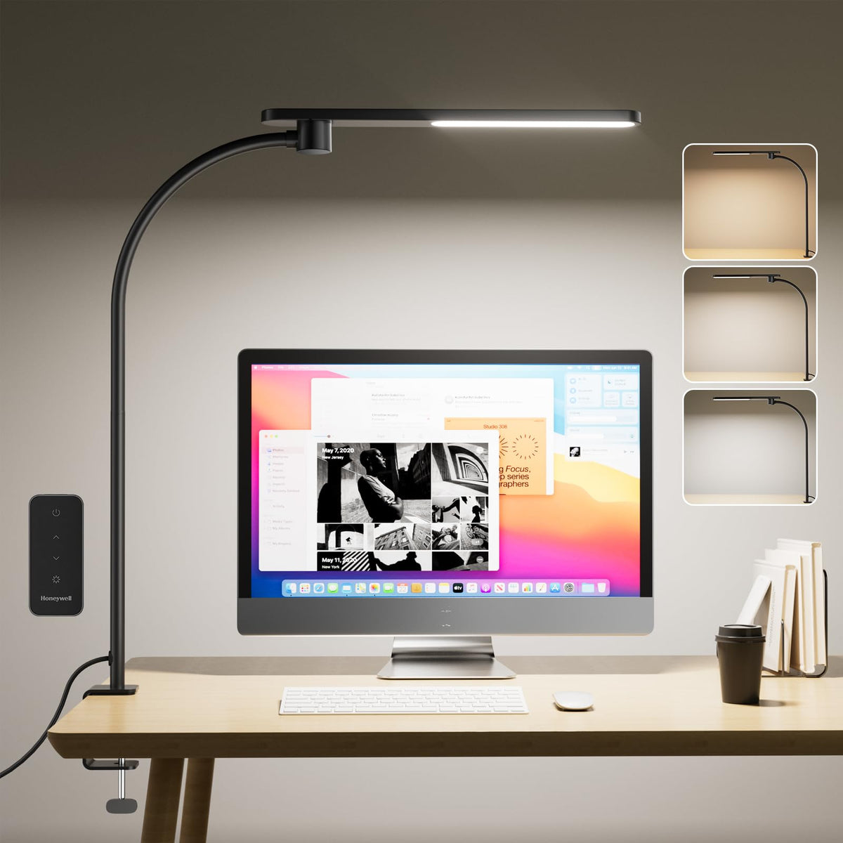 Honeywell HJ2 Sunturalux™ Clamp LED Desk Lamp, CRI≥97 Full-Spectrum Eye-Caring Light, 3 Color Modes & Stepless Dimming, 16" Flexible Gooseneck for Reading, Home Office, Art Creation (Black)