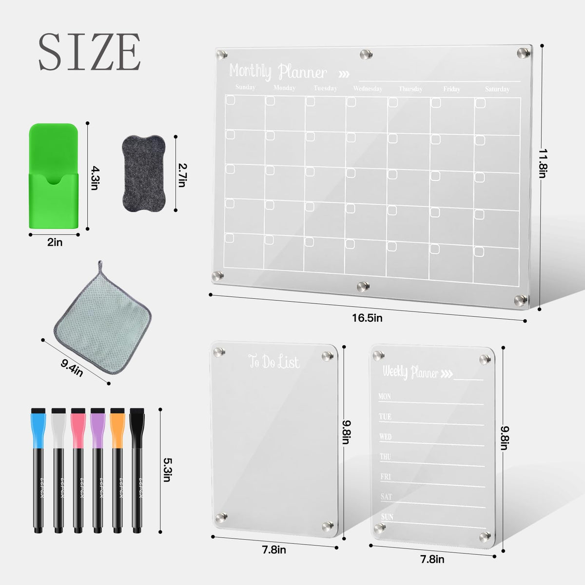 LCPCX Acrylic Magnetic Dry Erase Board for Fridge, Set of 3 Transparent Monthly & Weekly Planning Boards, Includes 6 Dry Erase Markers, 1 Eraser and Magnetic Pen Holder