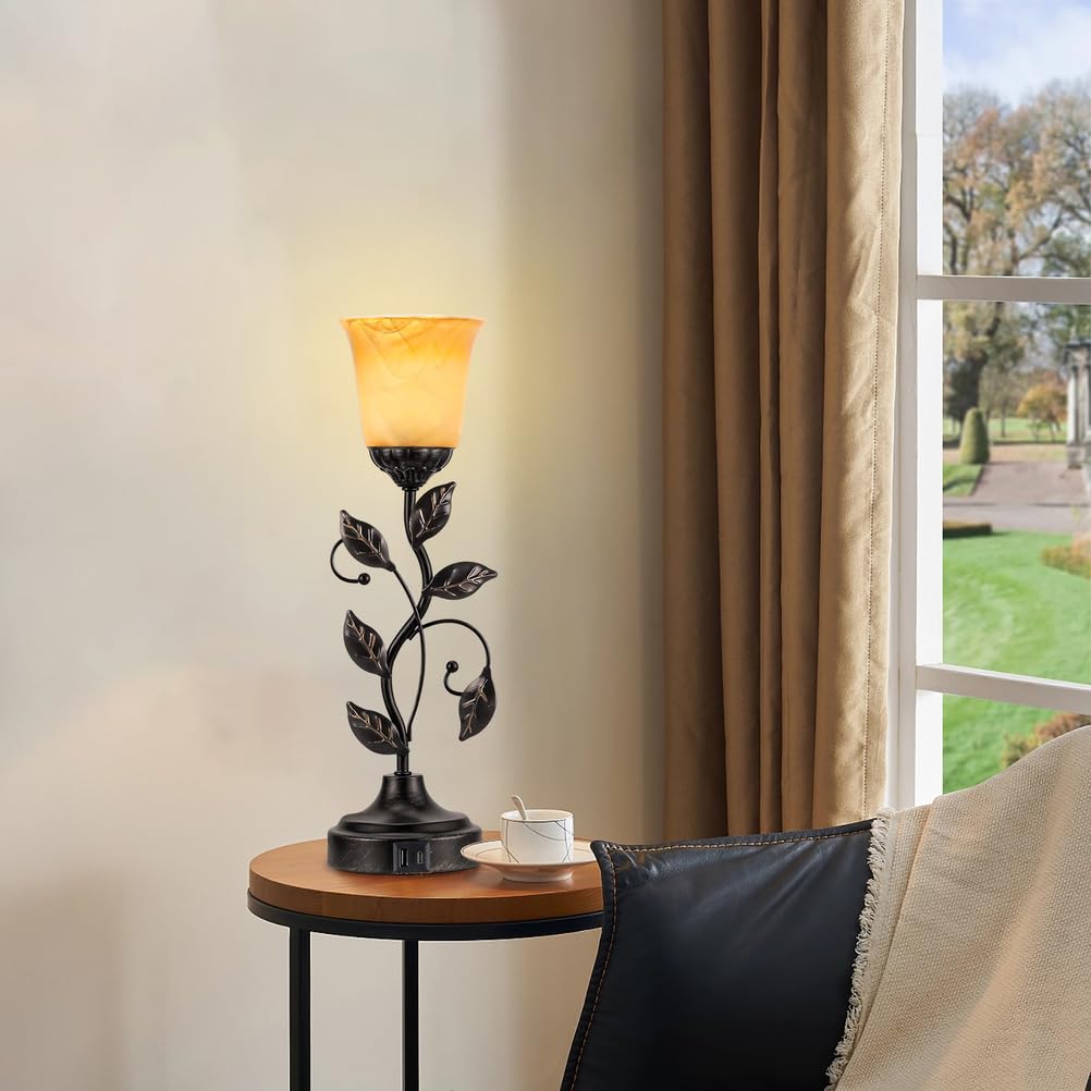 Modxian Vintage Bedside Touch Control Table Lamp 3 Way Dimmable, Amber Glass LED Reading Nightstand Light with 2 USB Charging Ports, Farmhouse Bronze Finish Leaf Desk Lamp for Living Room Bedroom