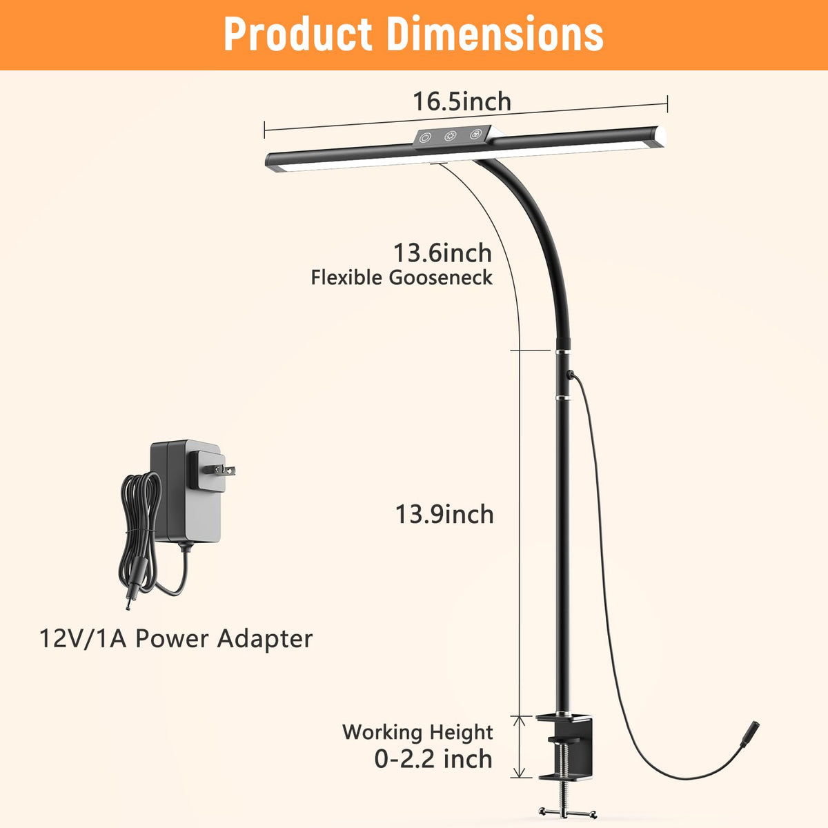 LED Desk Lamp for Home Office, Flexible Gooseneck Desk Lamp with Clamp, 5 Color Touch Control Stepless Dimming Adjustable Eye-Caring Desk Light with Adapter for Reading, Drafting, Study, Workbench