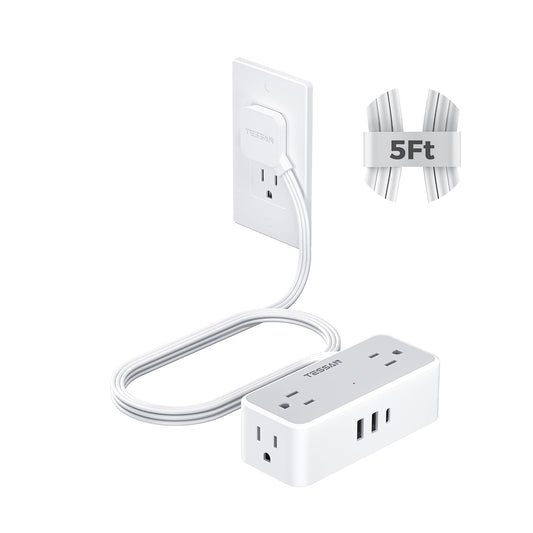 TESSAN Flat Plug Extension Cord 5 FT, Surge Protector Power Strip with 4 AC Outlets 1 USB C and 2 USB A Ports, 900 Joules Protection, Multiple Wall Outlet Extender Suitable for Office Dorm, Grey