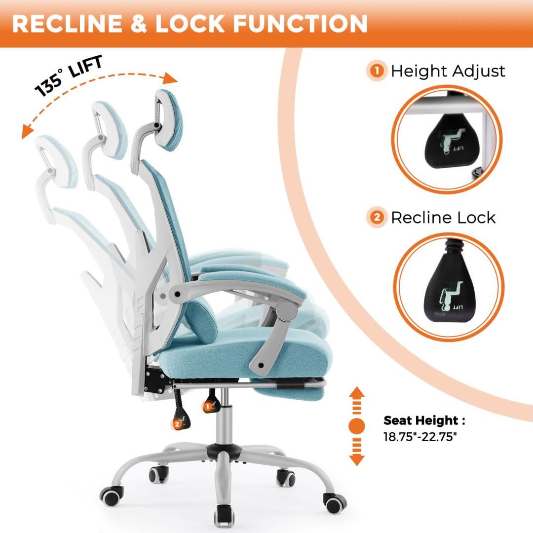Ergonomic Office Computer Desk Chair with Lumbar Pillow and Retractable Footrest, High-Back Mesh Rolling Swivel Armchairs for Home, Gaming, Student, Blue