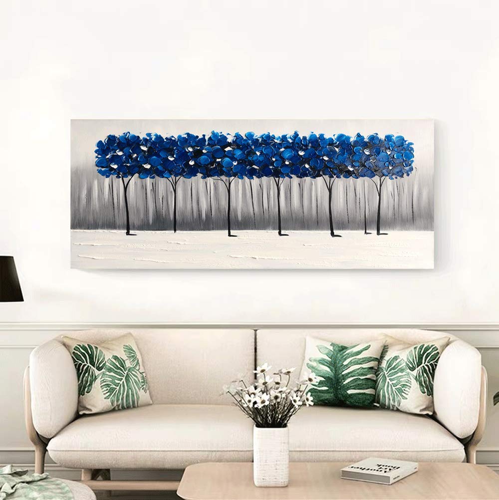 Yihui Arts Hand Painted Blue Tree Landscape Oil Painting on Canvas, Modern Abstract Wall Art for Living Room, Bedroom, Office Decor