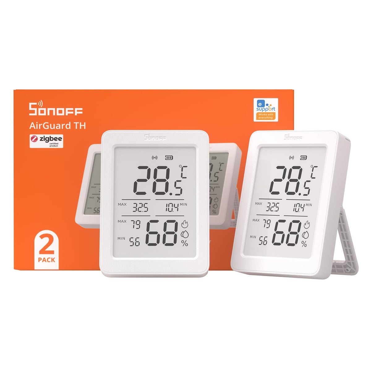 SONOFF AirGuard TH, Indoor Smart Zigbee Temperature and Humidity Sensor, 3.6'' LCD Display, App Monitoring with Charts, Notification Alerts, Data Export, Remote Data Display 2-Pack