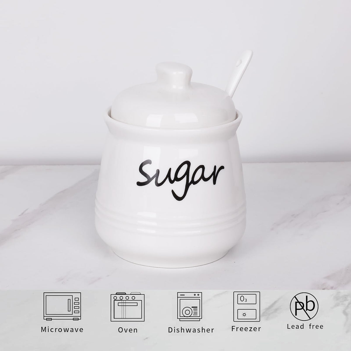 HAOTOP Ceramic Sugar Bowl with Lid and Spoon, 12oz Sugar Jar Sugar Dispenser Sugar Container Coffee Bar Accessories, Kitchen Countertop Canisters, White