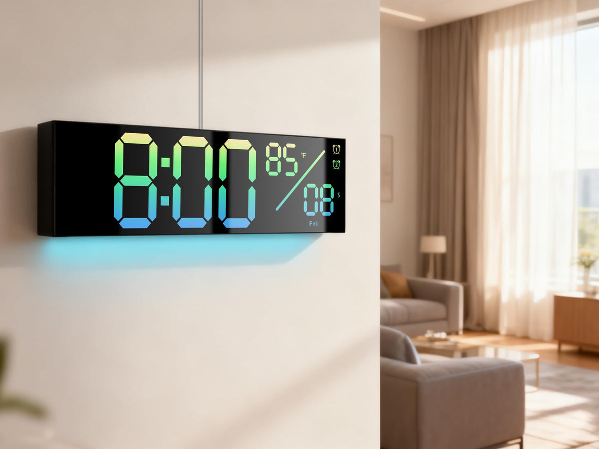 11-Inch LED Digital Wall Clock with RGB Flowing Light, Seconds,Date,Time,Temperature｜Large Clear Display, Countdown Timer,Dual Alarms,Remote Control｜Silent Modern Clock for Bedroom, Living Room,Office