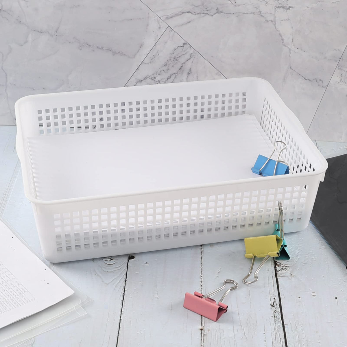 Innouse 6 Pack A4 Paper Size Plastic Storage Baskets, White File Organizer Basket Tray