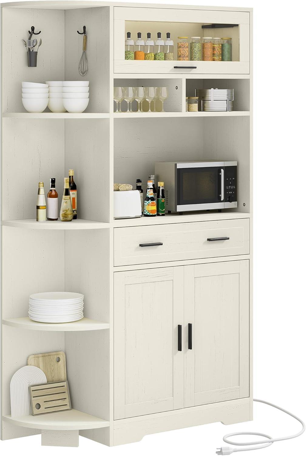 YITAHOME Kitchen Pantry Storage Cabinet, 67" Tall Kitchen Hutch with Outlet & Door & Shelves & Drawer, Farmhouse Wooden Microwave Stand Buffet Coffee Bar for Home Living Dining Room, Off-White