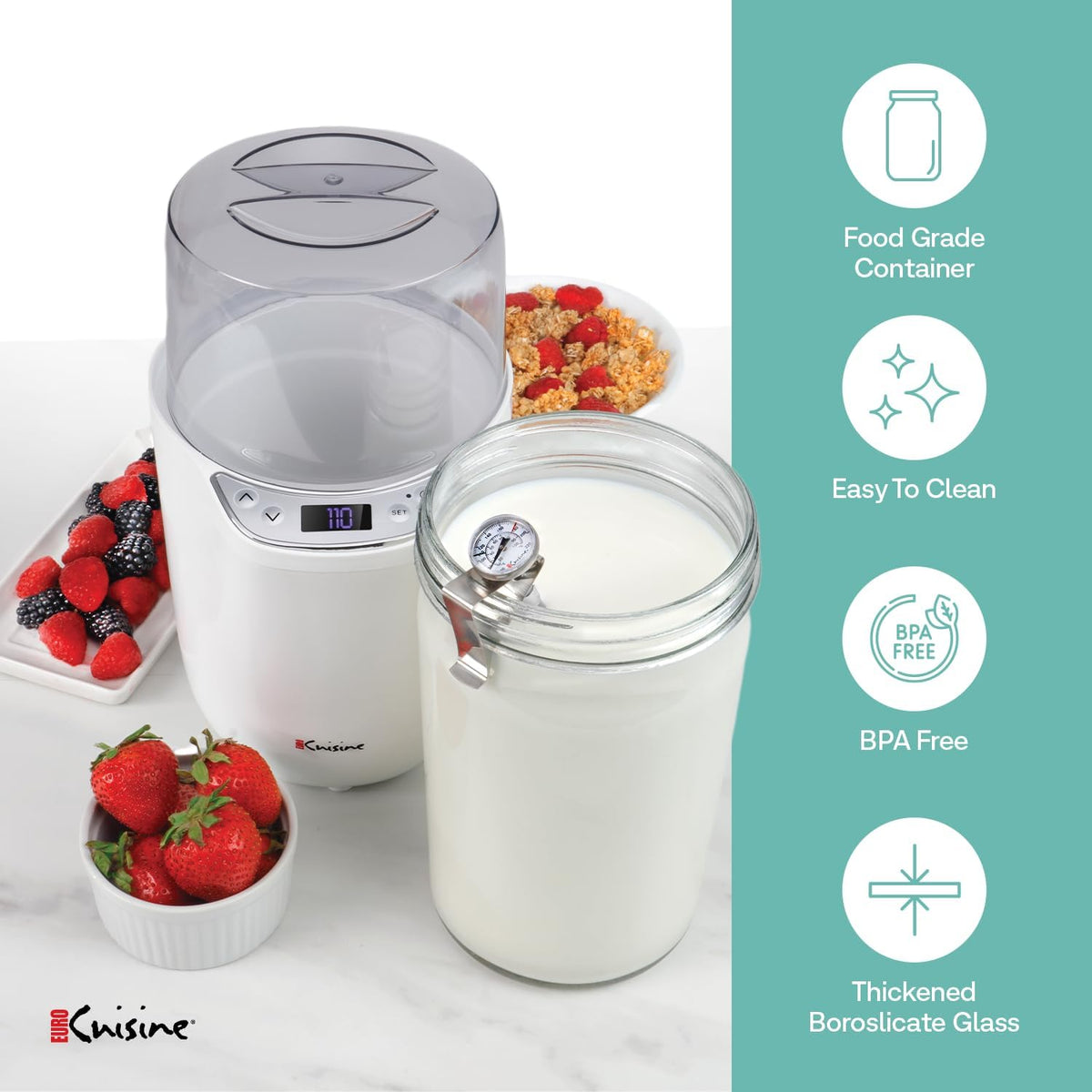 Euro Cuisine YM260 Yogurt Maker with Adjustable Time & Temperature Control, 2-Quart Glass Jar, Free Thermometer & Cotton Strainer Bag, 2025 Edition, White, Make Yummy Organic Probiotic Yogurt at Home