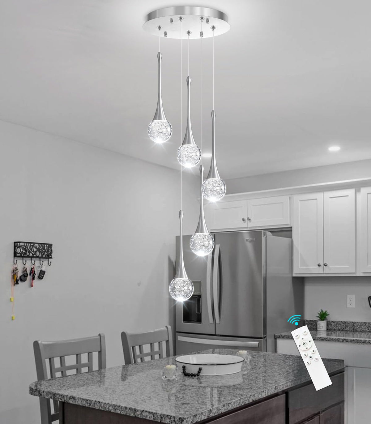 cenzoz 5-Lights Modern Pendant Lights for Kitchen Island LED Dimmable Chandelier Crystal Glam Ceiling Pendant Lighting for Dining Room Hallway Bedroom Lamp Brushed Nickel
