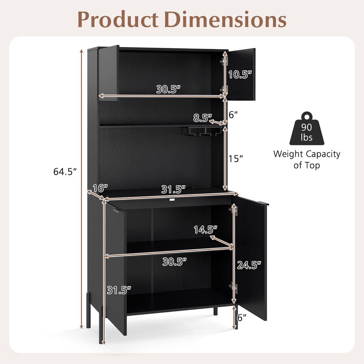 Giantex 64.5" Kitchen Pantry Cabinet with Charging Station, Tall Buffet Hutch with Storage Cabinets, Adjustable Shelf, Wine Racks, Modern Sideboard for Dining Room, Living Room, Coffee Bar, Black