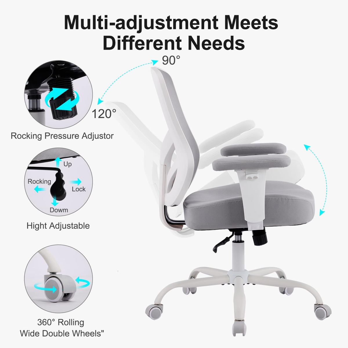 YFO Ergonomic Office Chair, Mesh Computer Desk Chair with Adjustable Back Lumbar Support and Armrests, Comfy Executive Rolling Swivel Task Chair for Home Office, Grey