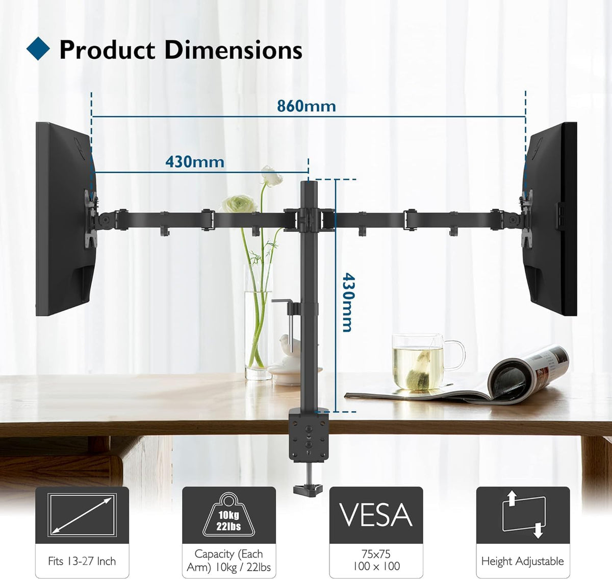 BONTEC Dual Monitor Desk Mount, Full Motion Adjustable Monitor Stand for 13–27 Inch Screens, Heavy Duty Arms Hold Up to 22 lbs Each, VESA 75x75/100x100 mm, C Clamp and Grommet Base, Cable Management