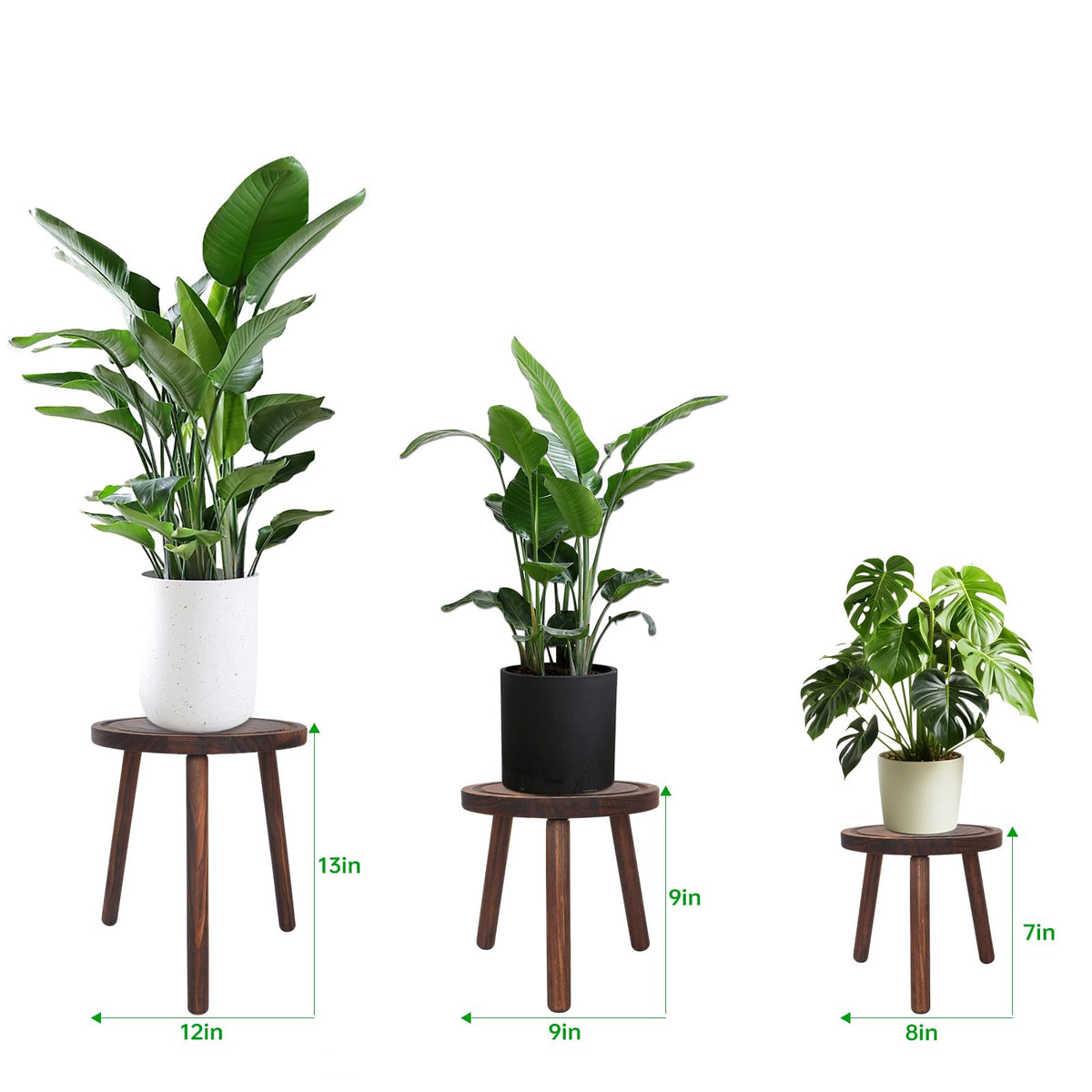 Amdermi 3 Pack Wood Plant Stands Indoor, Mid Century Modern Plant Stool for 6-12 Inch Pots, Tall Small Plant Stand Set for Living Room, Balcony, Office